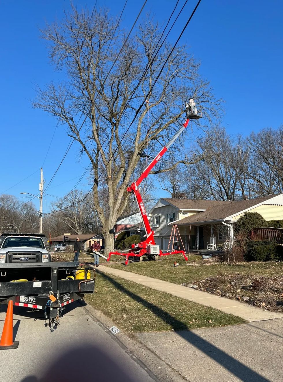 A crane is cutting a tree in front of a house.