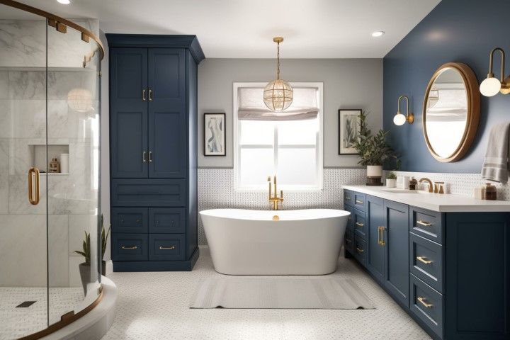 A modern bathroom features navy blue cabinets, a freestanding white tub, a gold-framed mirror, and a glass-enclosed shower.