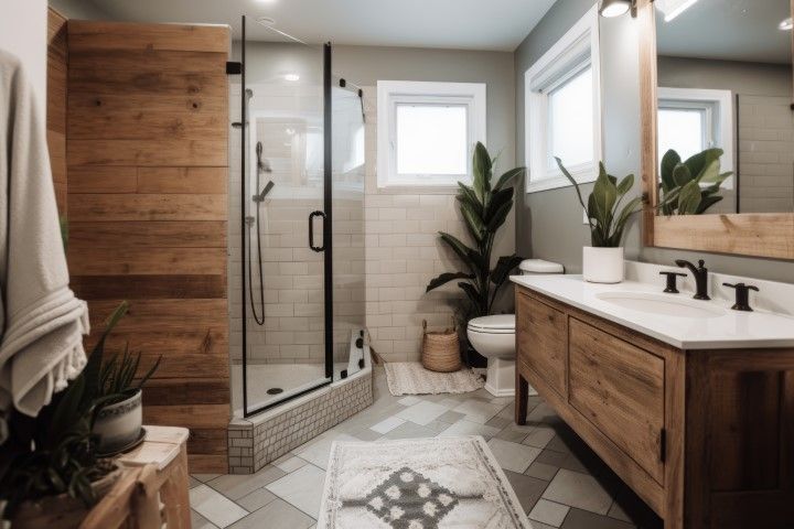 A modern rustic bathroom with a wood-paneled shower, wooden vanity, patterned floor tiles, and potted green plants.