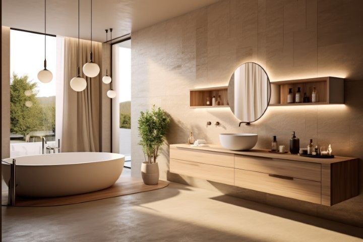 A modern bathroom with a soaking tub, wooden vanity, round backlit mirror, and pendant lights in a sunlit, neutral space.