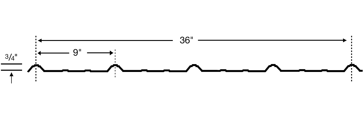 Black line cross-section diagram with a 36-inch span and a 3/8-inch height dimension.
