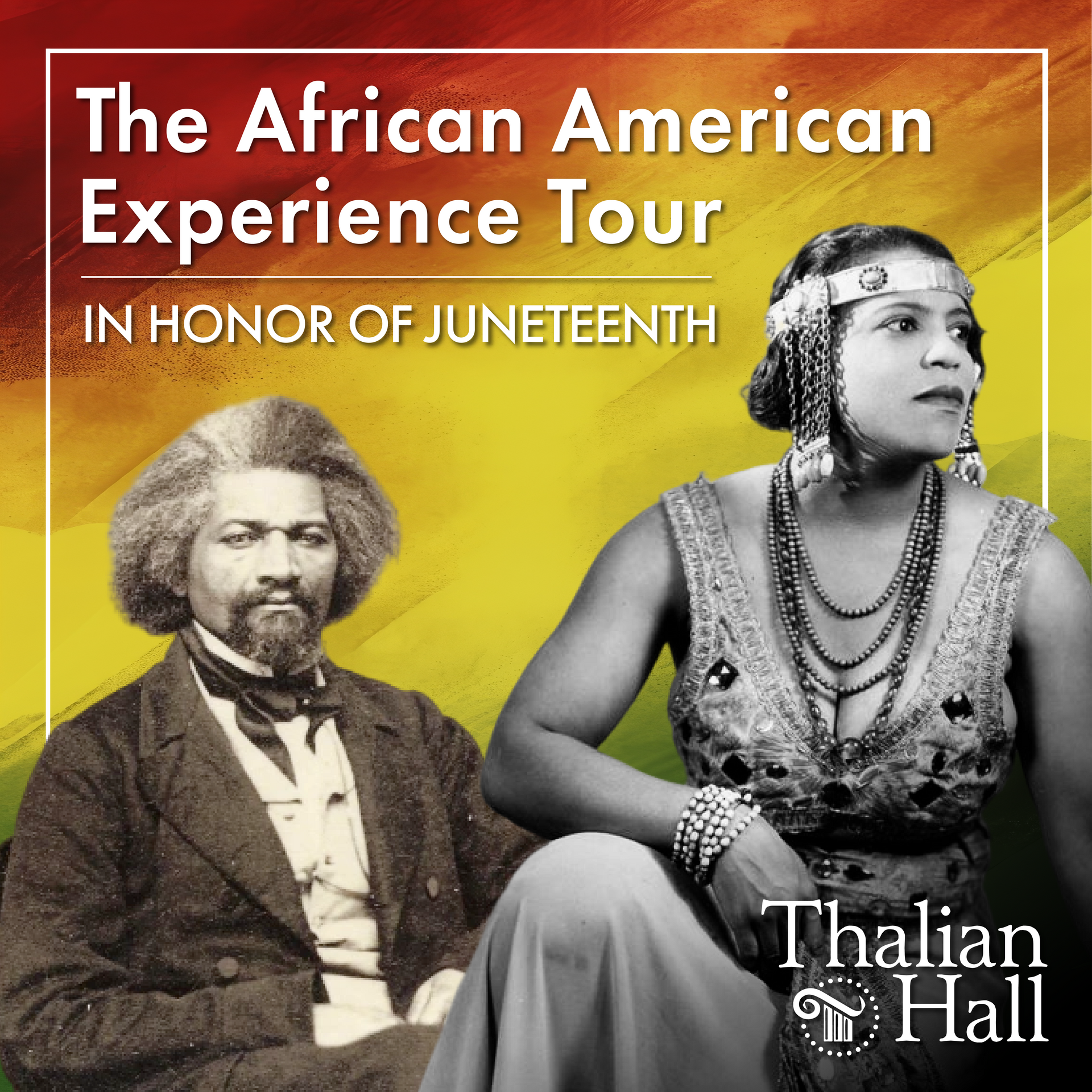 African American Experience Tour poster at Thalian Hall, with black-and-white speaker and red, yellow, green accents.