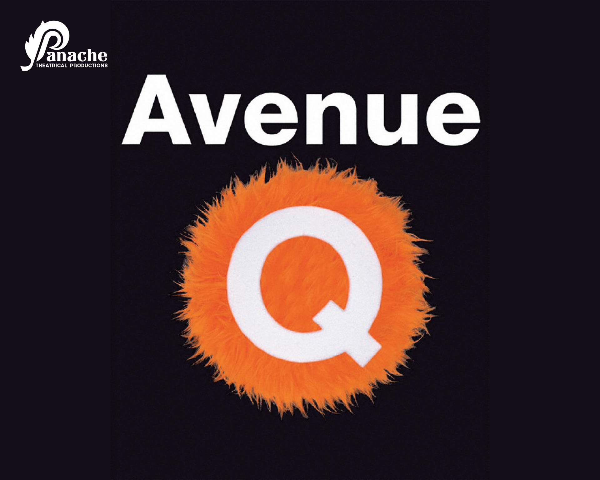 Avenue Q logo on a dark background, with white text and an orange fuzzy Q icon.