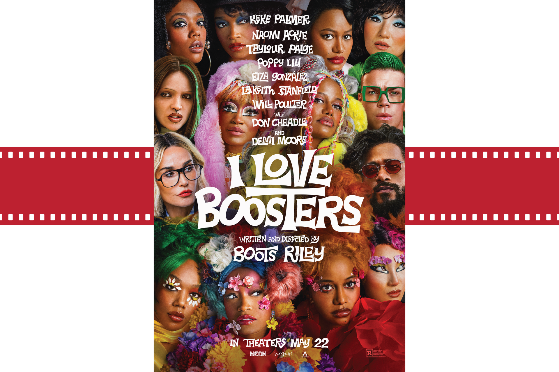 Movie poster for I Love Boosters, featuring a collage of faces on a red background.