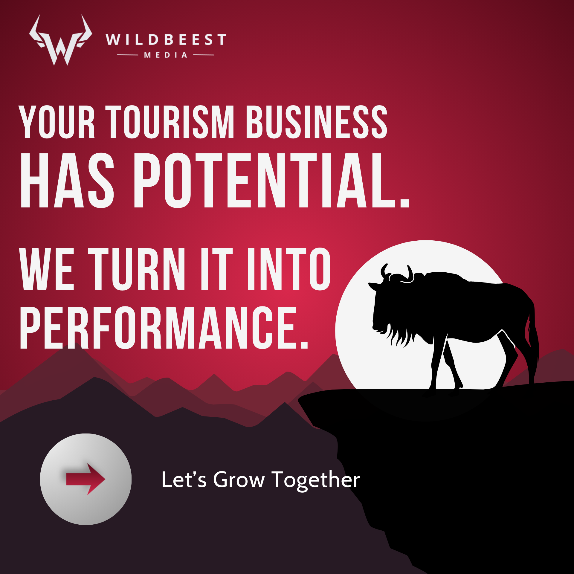 Wildbeest Media ad with black wildebeest silhouette and text: “Your tourism business has potential. We turn it into performance.”