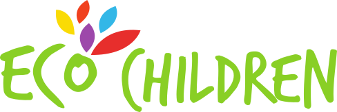 Logo for Eco Children, green text with colorful floral design.