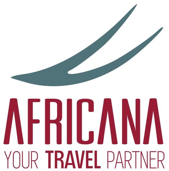 Logo of Africana travel: gray swoosh above maroon text,