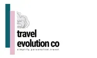 Logo for Travel Evolution Co: teal and pink vertical bars, mountain contour graphic, text.