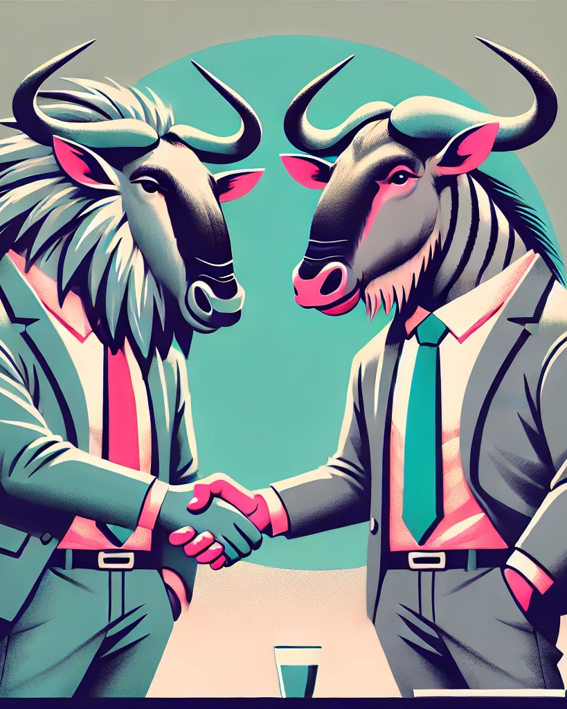 A pixel art illustration of a bull using a laptop computer.