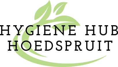 Logo for Hygiene Hub Hoedspruit: text with light green leaves and a curved design element.