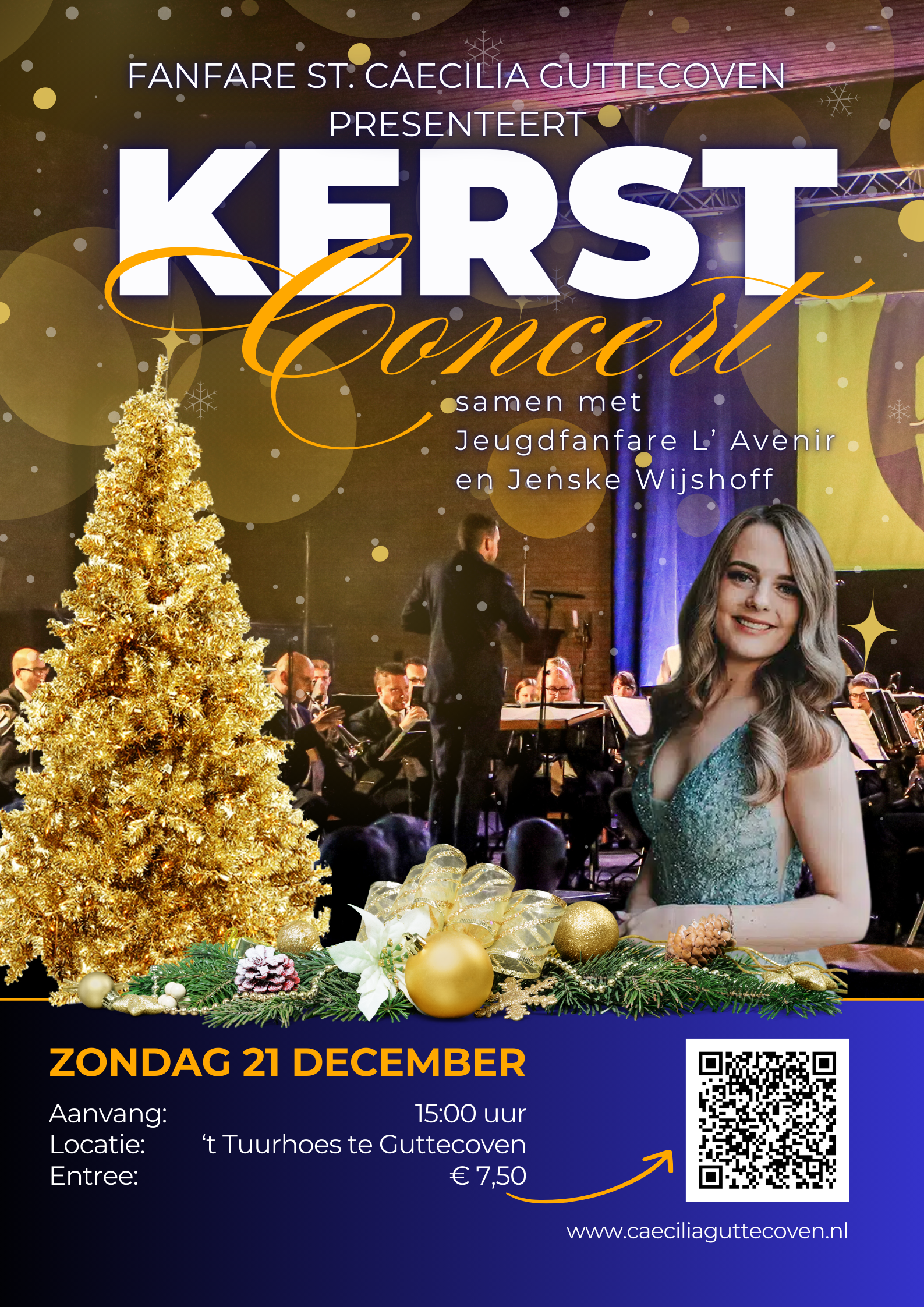 Poster voor een kerstconcert. Met een vrouw in een avondjurk, een orkest en een gouden kerstboom.