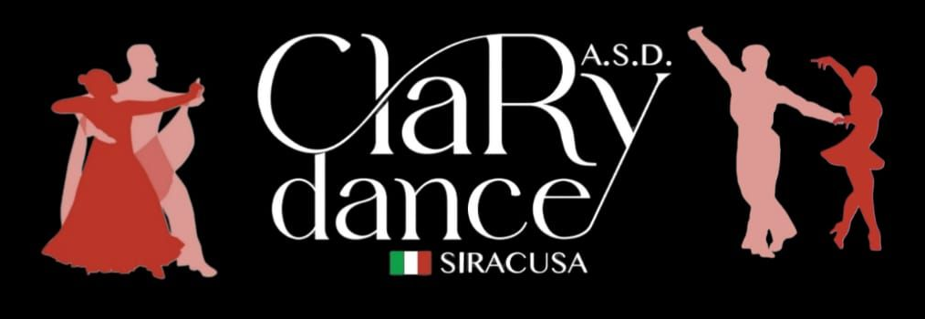 Logo di Clarydance in caratteri bianchi su sfondo nero, con una sagoma rossa di ballerini e la bandiera italiana.
