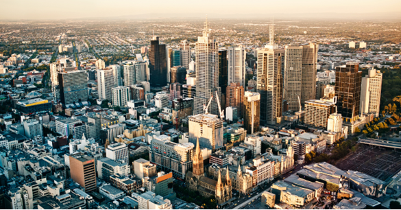Aerial view of central business district at dusk