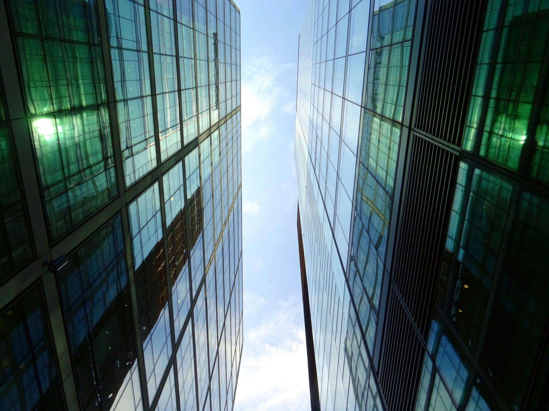 Upward view of city office buildings