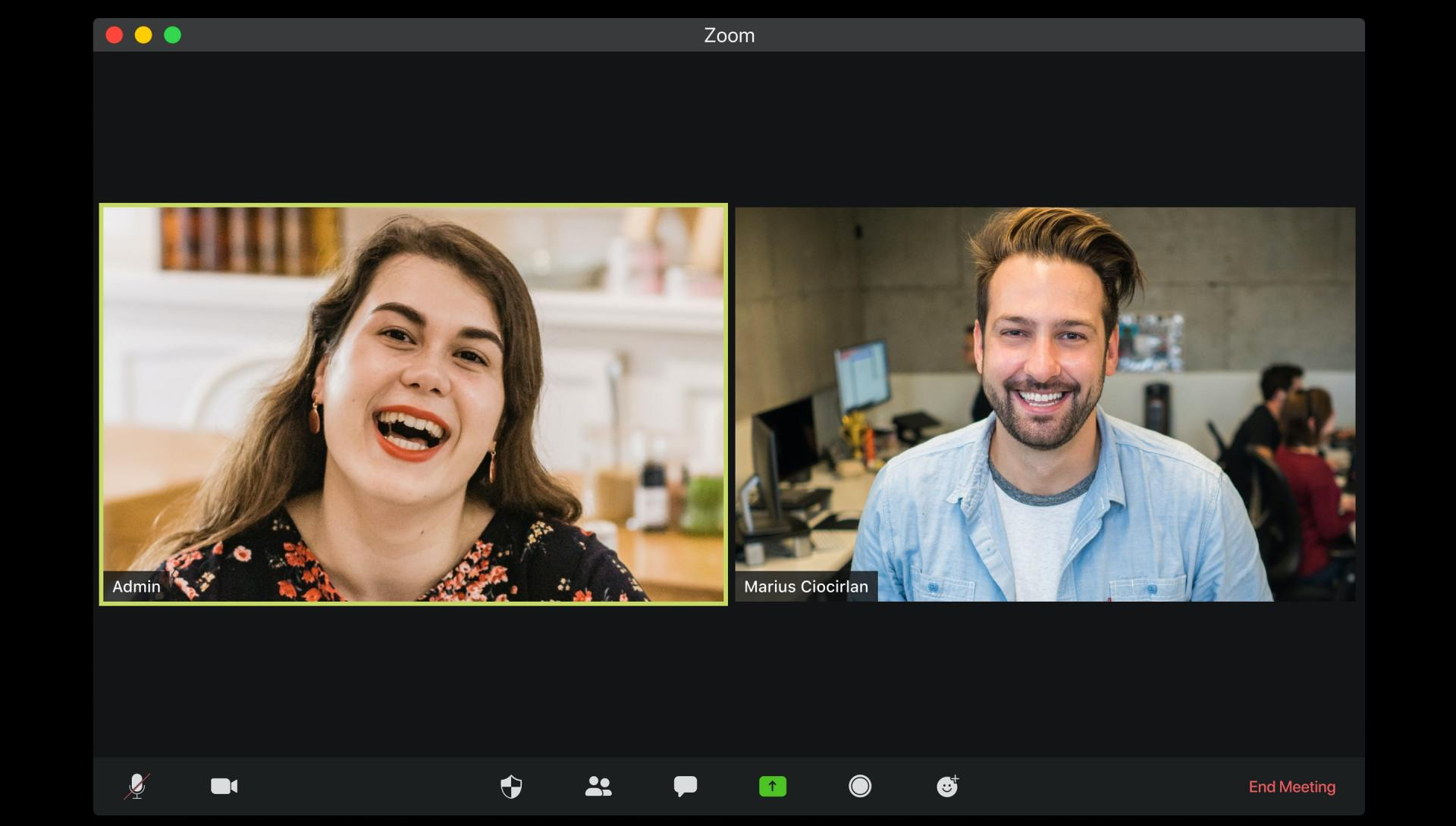 Screen view of two people on an online Zoom video meeting