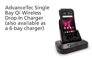 A cell phone sitting on top of a wireless drop-in charger