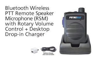 A bluetooth wireless ptt remote speaker microphone with rotary volume control and desktop drop-in charger