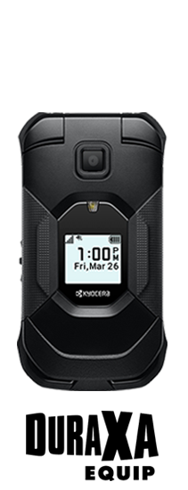 A black duraxa equip flip phone on a white background