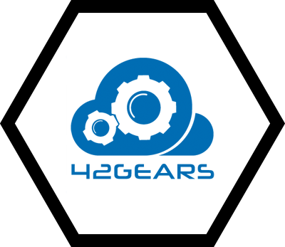 A logo for a company called 42gears with gears on a cloud