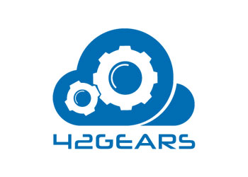 A blue and white logo for a company called 42gears