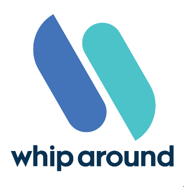A blue and white logo for whip around