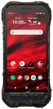 A dirty cell phone with a red background and a google search bar on the screen.