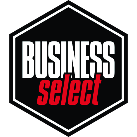 The logo for business select is a black and red hexagon.