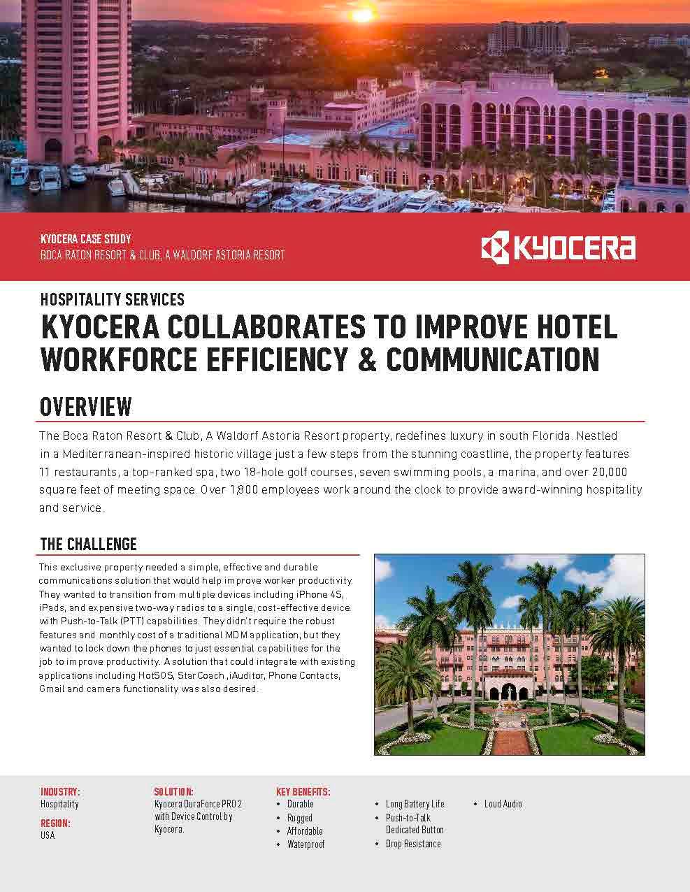 A brochure for kyocera collaborates to improve hotel workforce efficiency and communication.