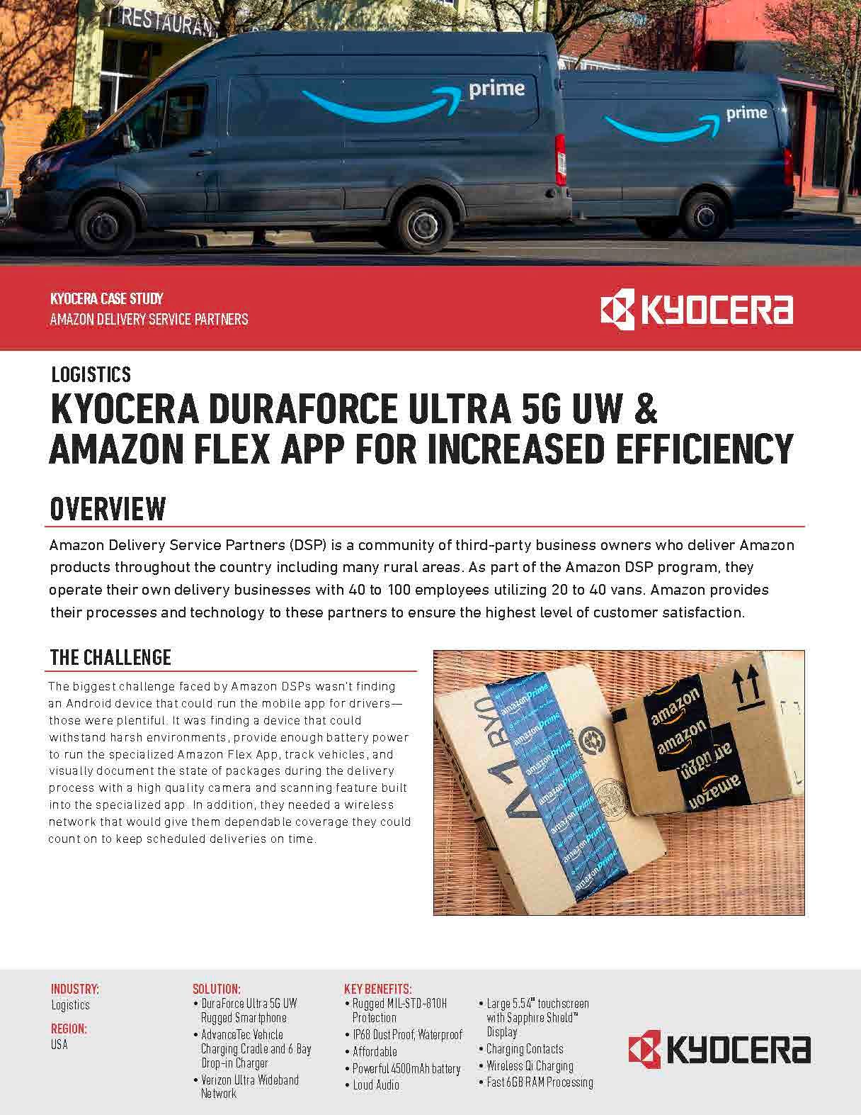 A brochure for kyocera duraforce ultra 5g uw & amazon flex app for increased efficiency.