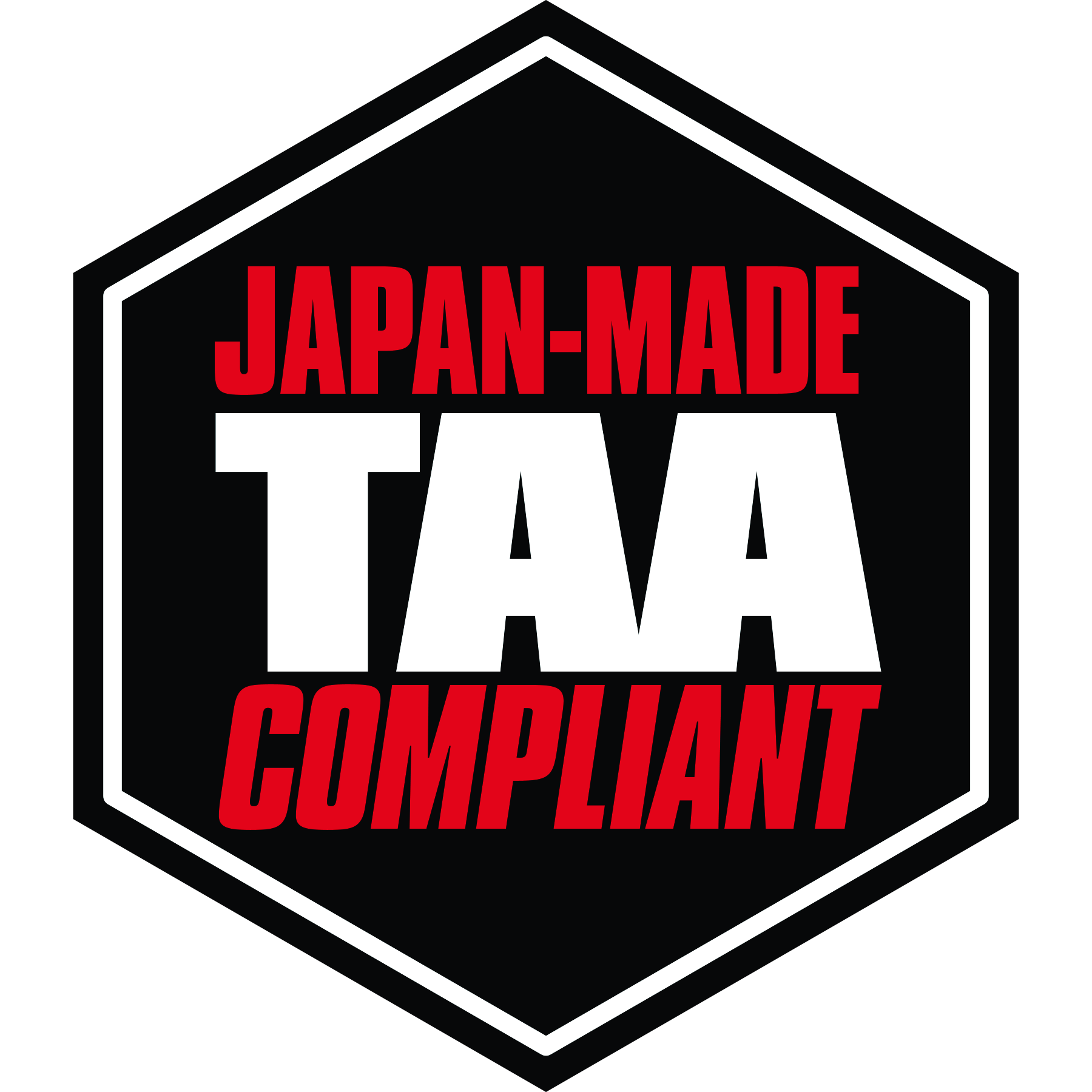 A japan-made taa compliant logo in a hexagon on a white background.