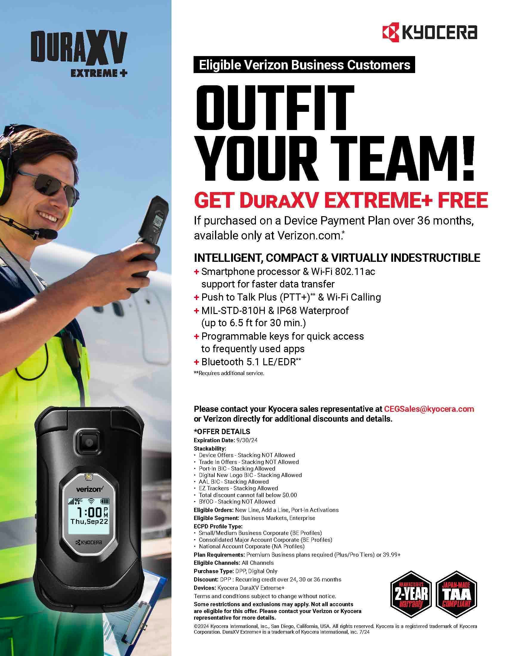 An advertisement for a flip phone that says `` outfit your team ! ''