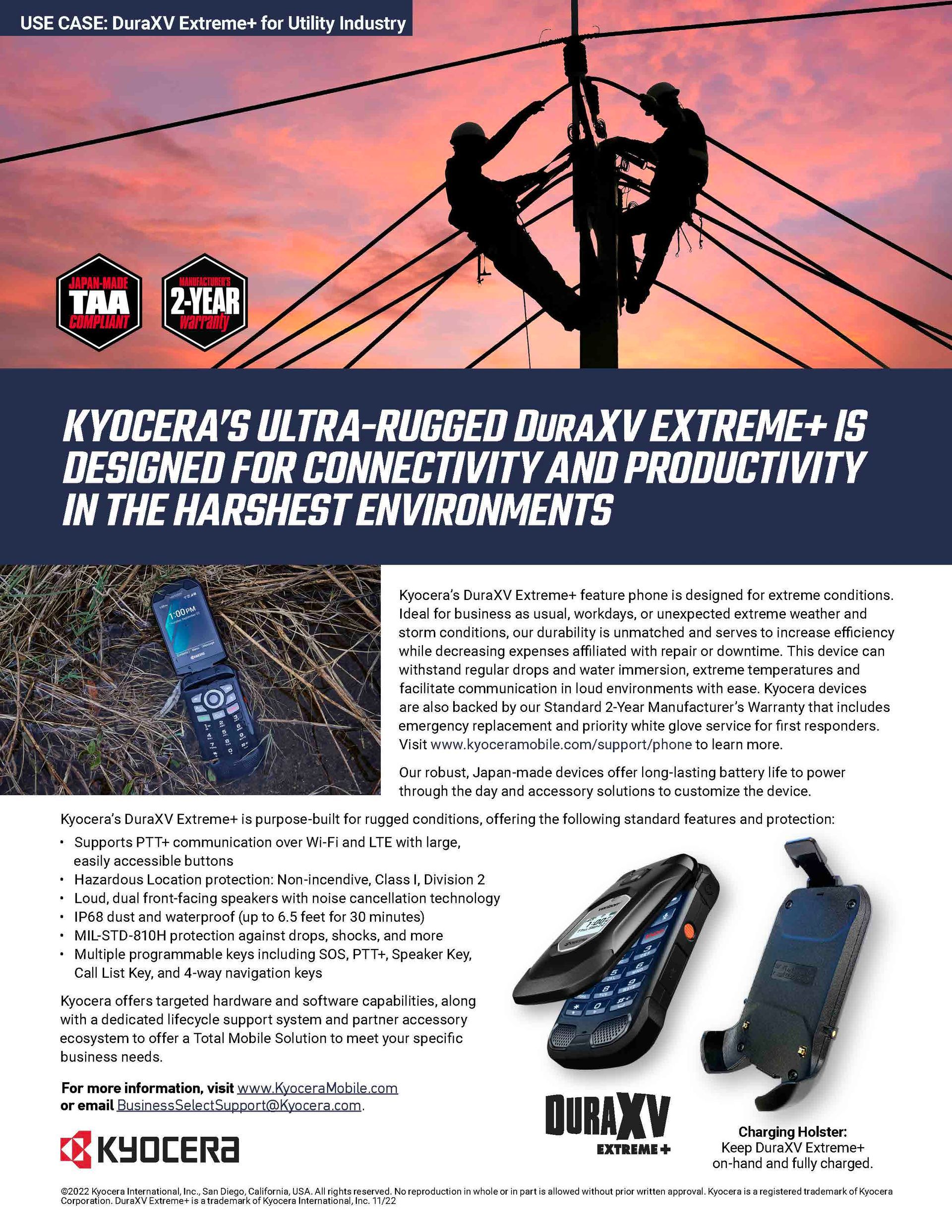 A brochure for kyocera 's ultra-rugged dual xv extreme is designed for connectivity and productivity