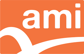 A black and orange logo for ami strategies