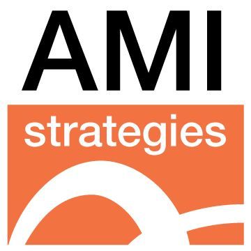 A black and orange logo for ami strategies