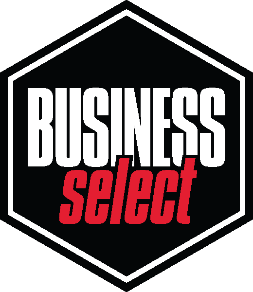 The logo for business select is a black hexagon with red and white letters.