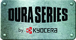 The logo for dura series by kyocera is on a metal plate.