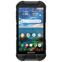 A kyocera flip phone shows the time as 1:00