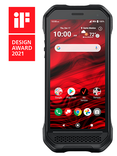 A black cell phone with a red background and a design award logo.