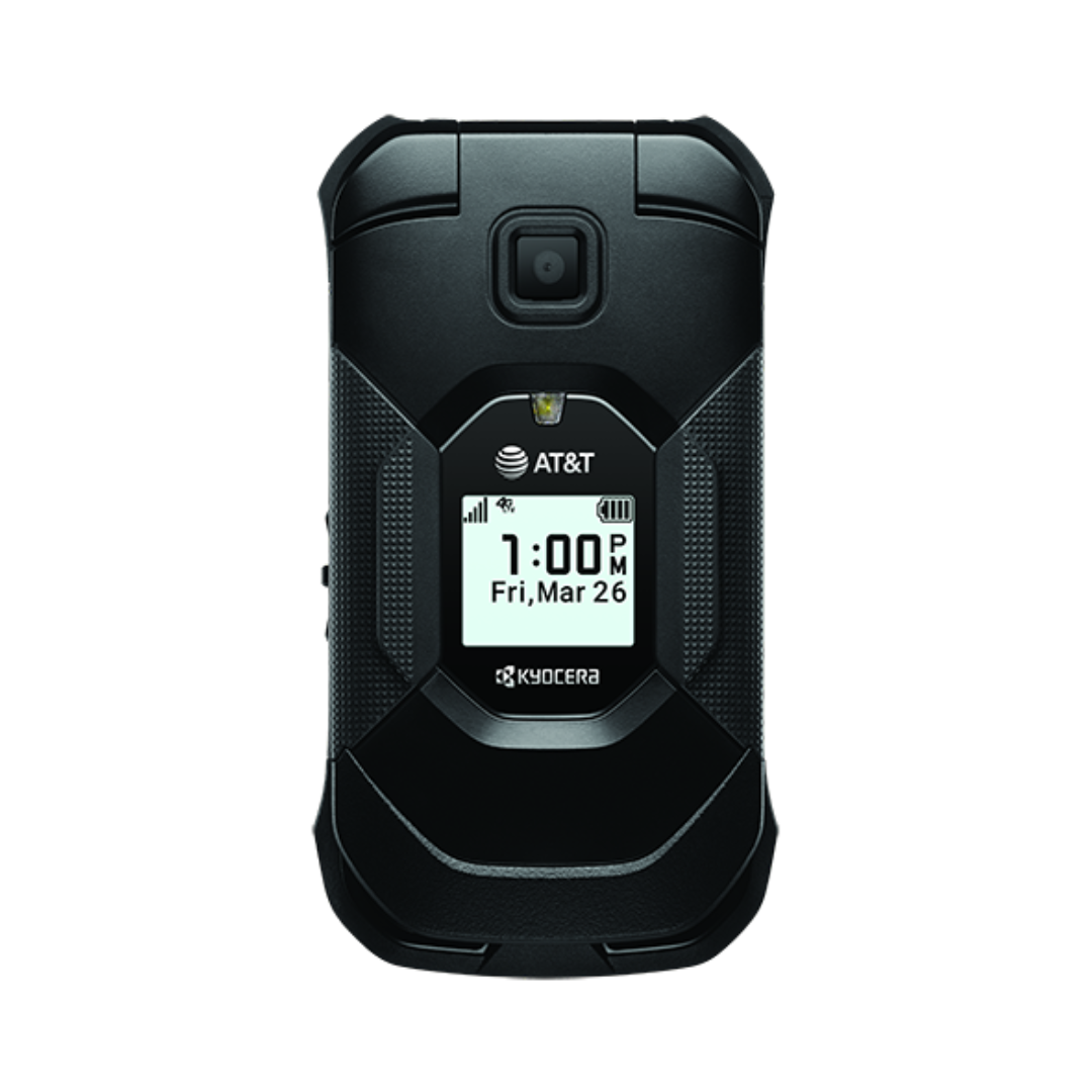 An at & t flip phone shows the time as 1:00