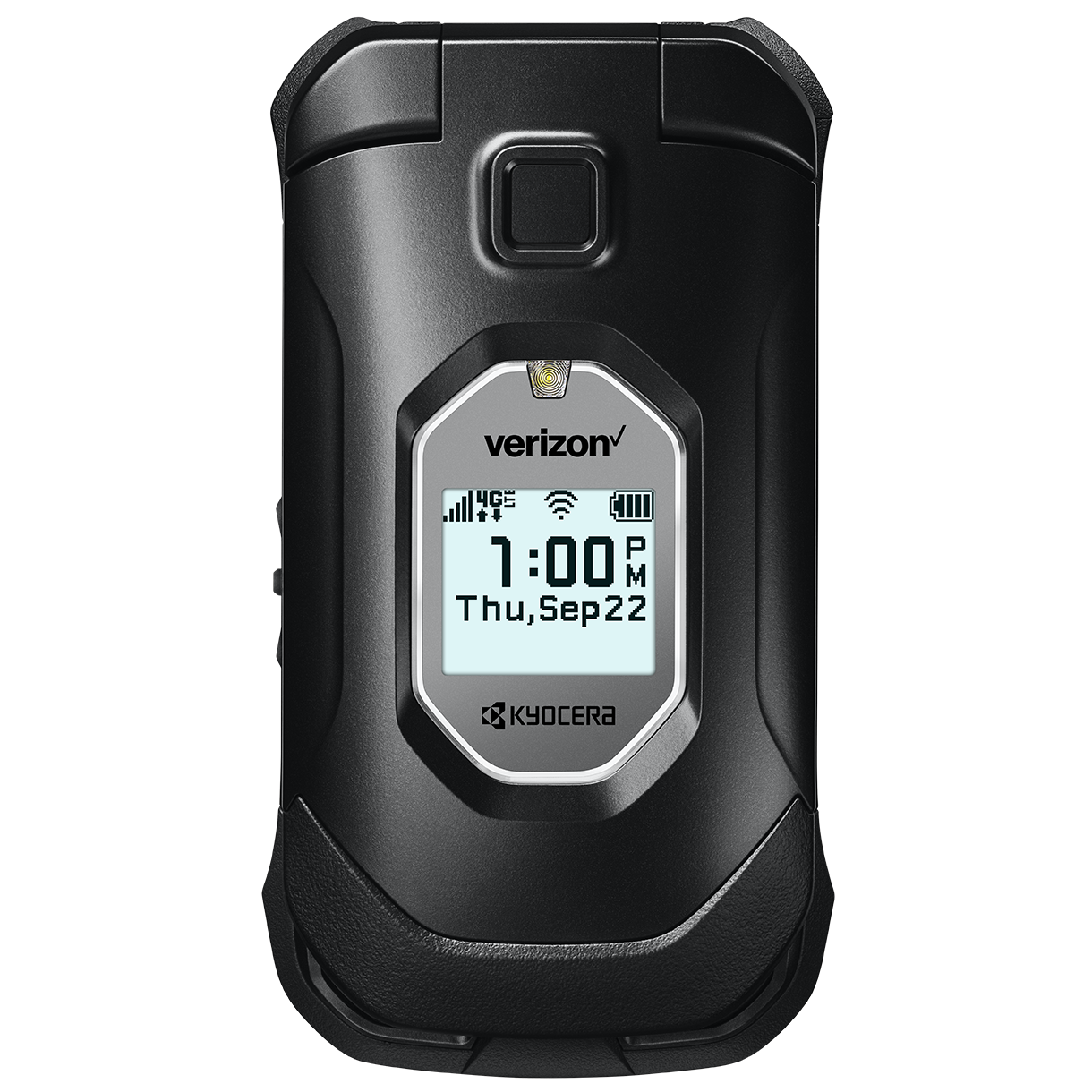 A kyocera flip phone shows the time as 1:00