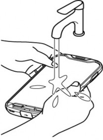 A black and white drawing of a person washing a cell phone under a faucet.