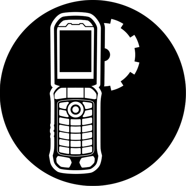 A black and white icon of a cell phone and a gear.