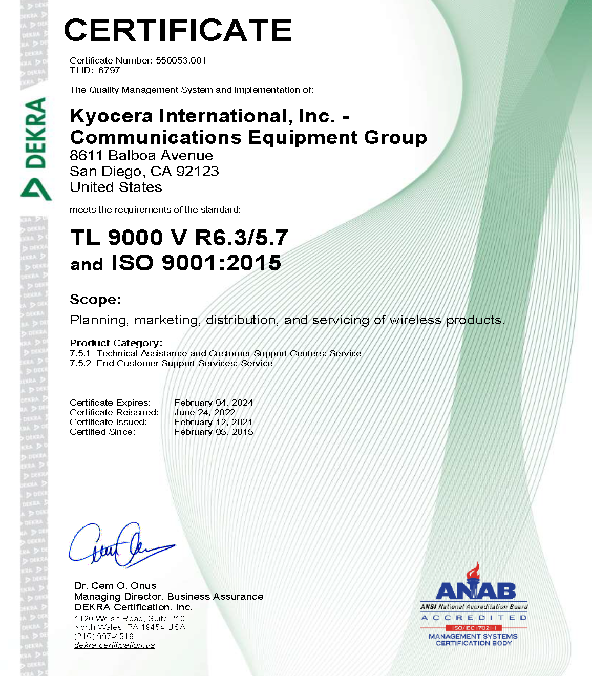 A certificate for kyocera international inc. communications equipment group