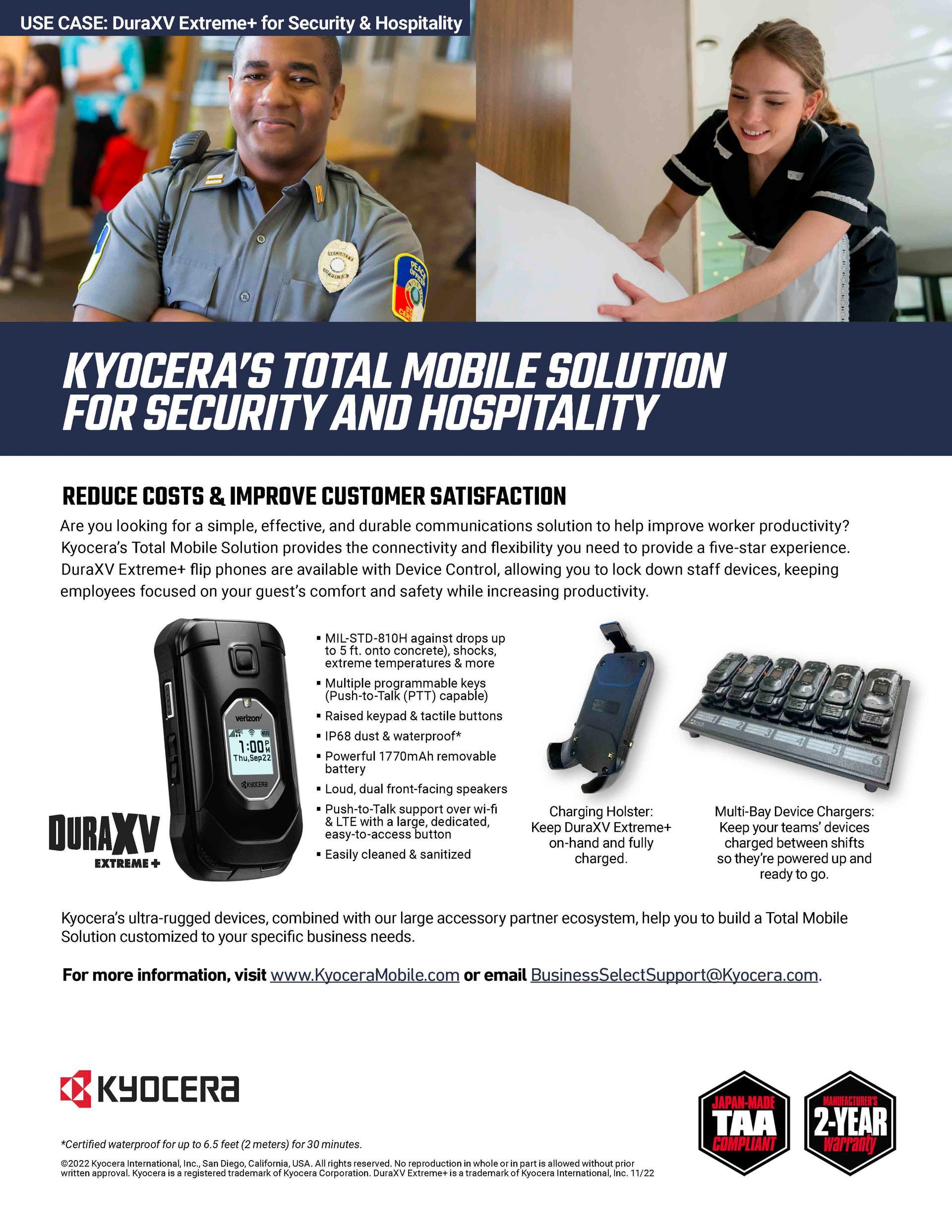 A brochure for kyocera 's total mobile solution for security and hospitality.