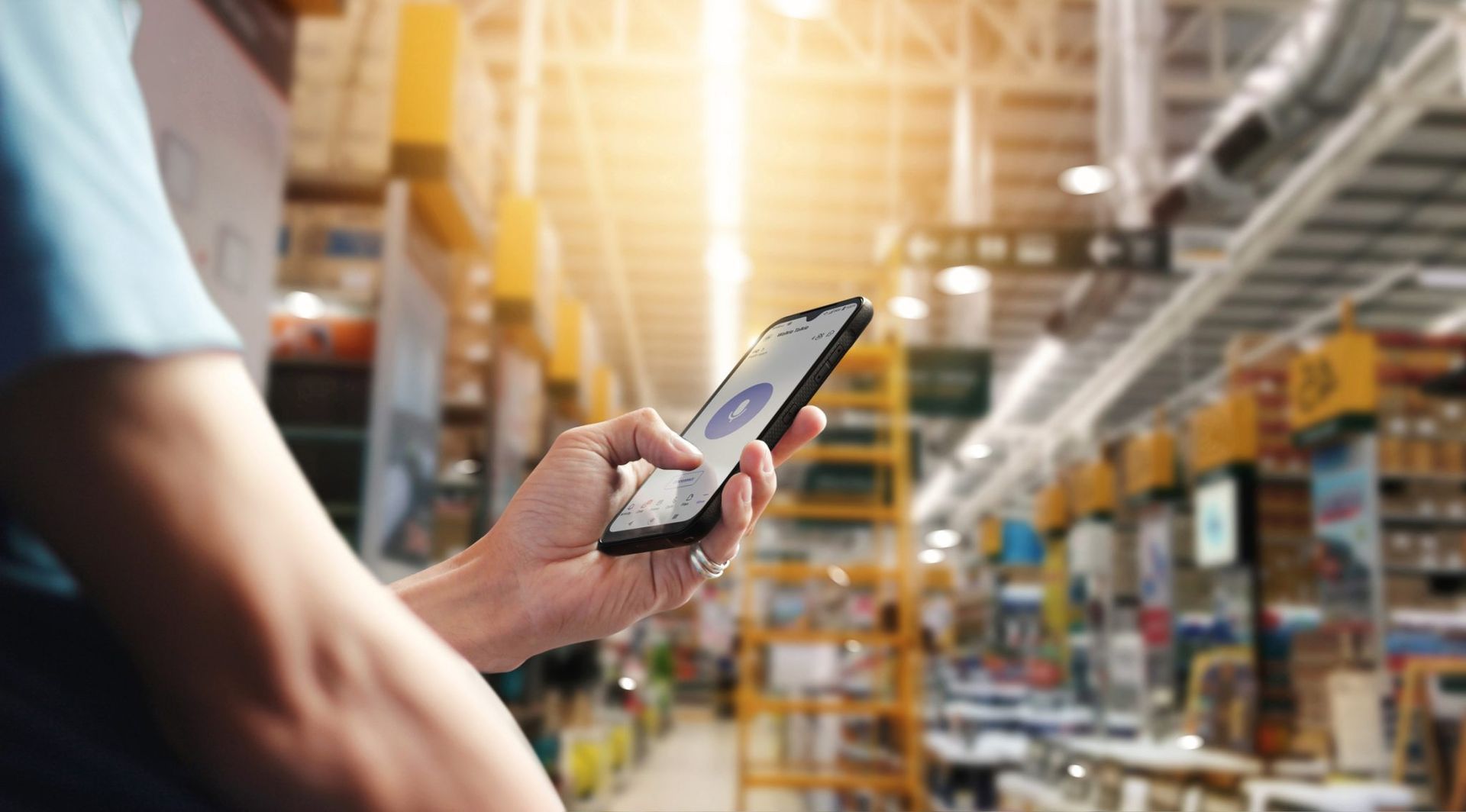 A person is holding a cell phone in a warehouse.