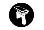 A white icon of a barcode scanner in a black circle.