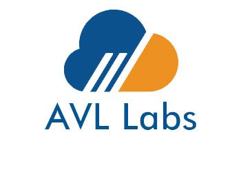 A blue and orange logo for avl labs