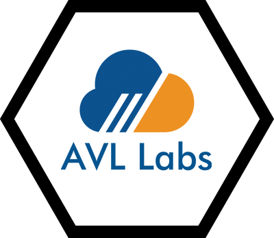 The logo for avl labs has a blue and orange cloud in a hexagon.