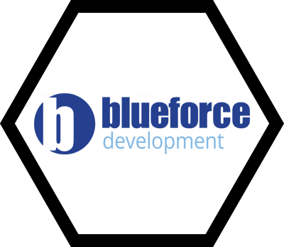 The blueforce development logo is in a hexagon on a white background.