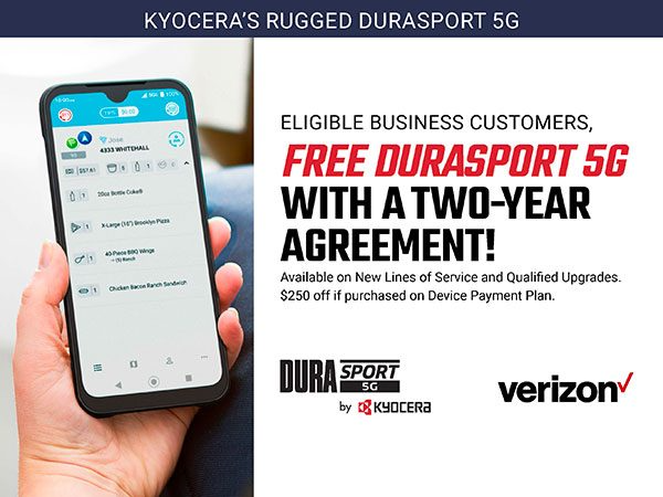 A person is holding a cell phone that says kyocera 's rugged durasport 5g